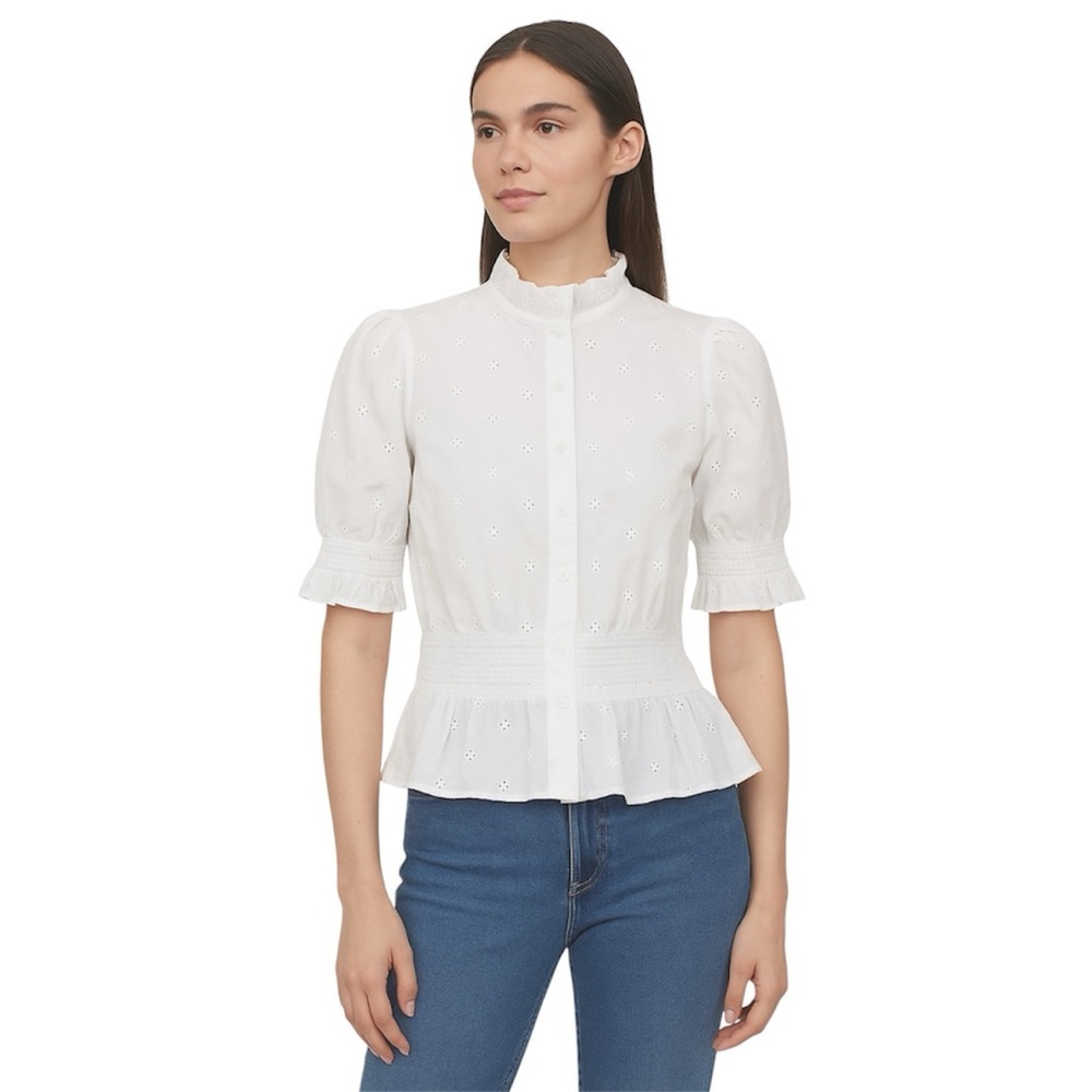 H&M White Eyelet Blouse‎ Cotton Bubble sleeve Peplum